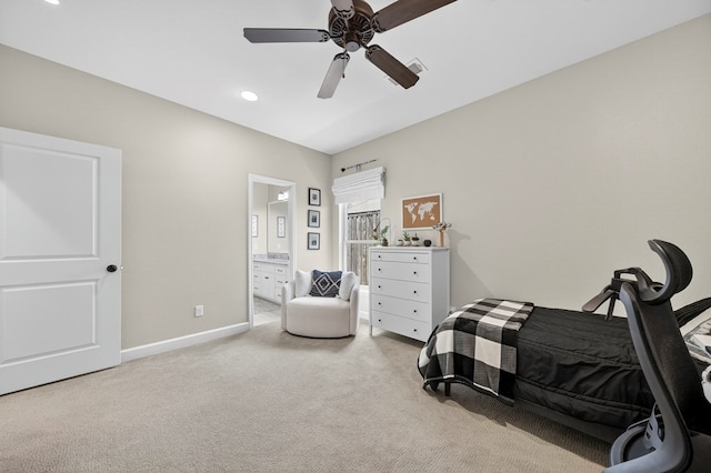 6113 Turtle Creek Rd, Midland, TX 79707 - carpeted bedroom featuring connected bathroom, ceiling fan, and recessed lighting