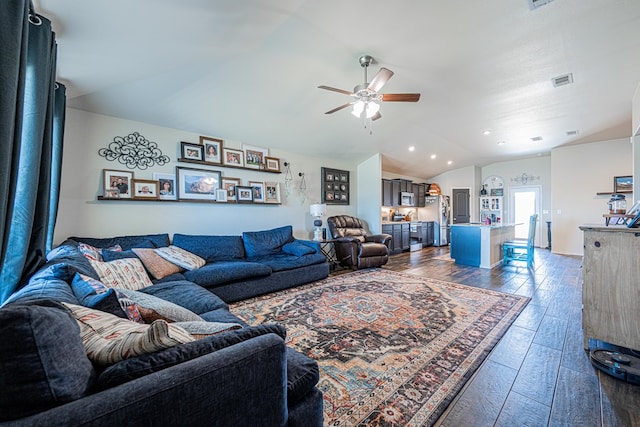 living area featuring wood finished floors, visible vents, lofted ceiling, recessed lighting, and ceiling fan