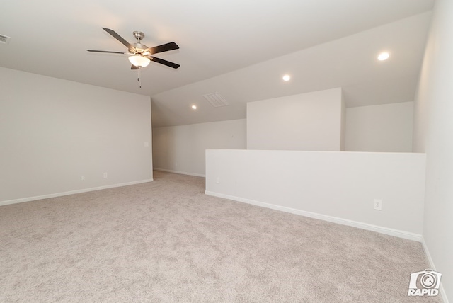 bonus room featuring baseboards, recessed lighting, a ceiling fan, carpet, and vaulted ceiling