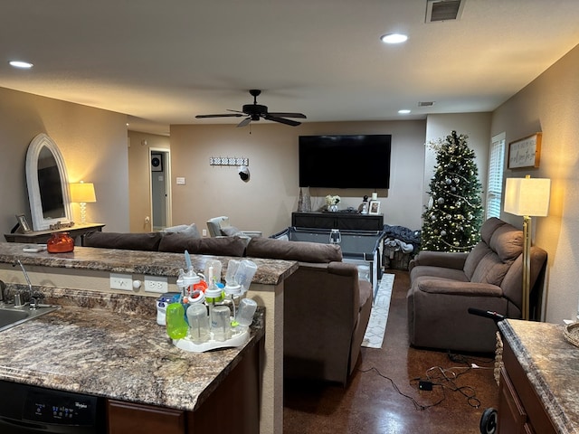 living room featuring ceiling fan