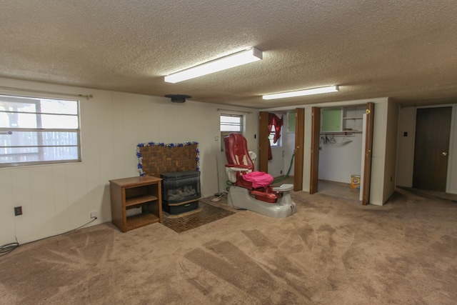 basement with carpet, a textured ceiling, a wood stove, and wooden walls