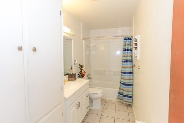 full bathroom with tile patterned flooring, vanity, toilet, and shower / tub combo with curtain