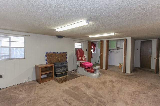 basement with carpet flooring, a textured ceiling, and a wood stove