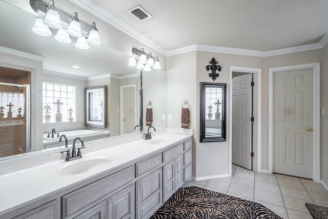 bathroom with crown molding, tile patterned floors, and plenty of natural light