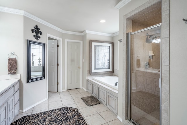 bathroom featuring tile patterned flooring, ornamental molding, independent shower and bath, and vanity