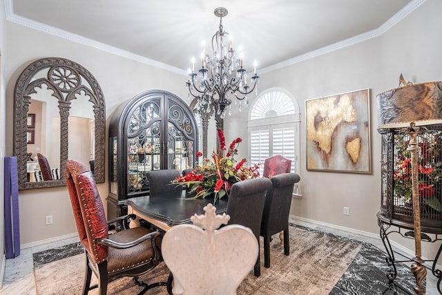 dining space featuring crown molding and an inviting chandelier