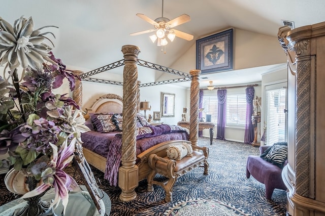 bedroom featuring lofted ceiling, carpet flooring, and ceiling fan