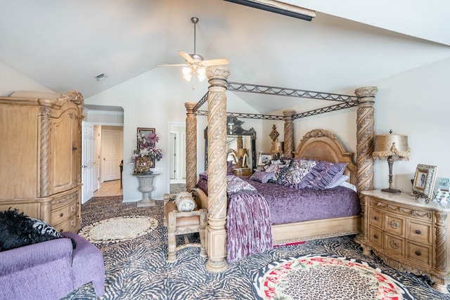 bedroom with light tile patterned floors, high vaulted ceiling, and ceiling fan