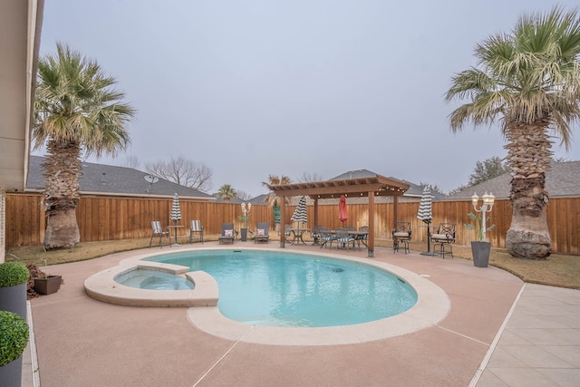 view of pool with an in ground hot tub, a pergola, a gazebo, and a patio area