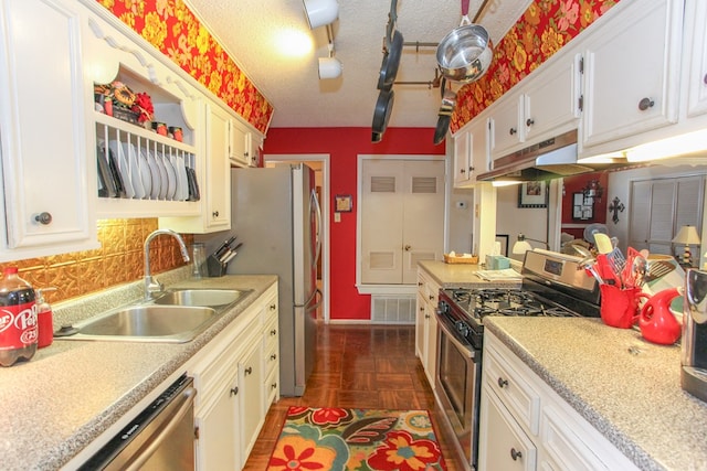 kitchen with a sink, appliances with stainless steel finishes, light countertops, and under cabinet range hood