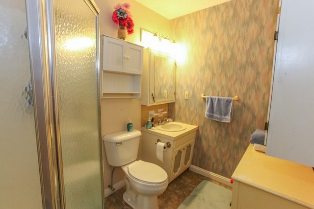 bathroom featuring baseboards, wallpapered walls, tile patterned flooring, a shower stall, and toilet