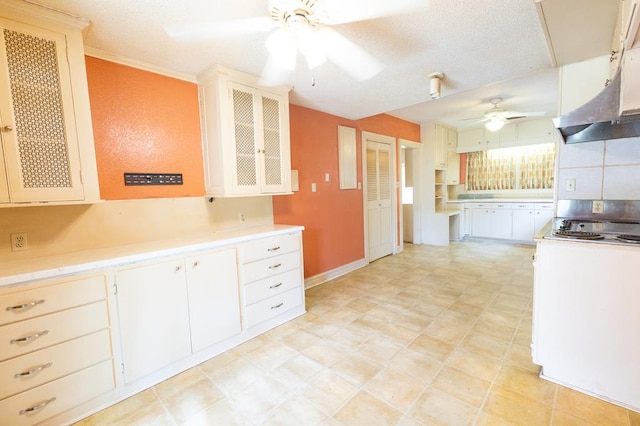 1001 W Walnut St, Coleman, TX 76834 - kitchen featuring a ceiling fan, under cabinet range hood, light countertops, glass insert cabinets, and light flooring