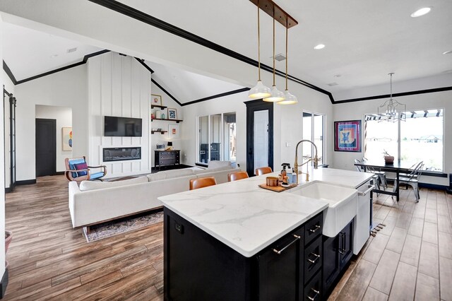 kitchen with recessed lighting, a sink, dark cabinets, dishwasher, and wood finished floors