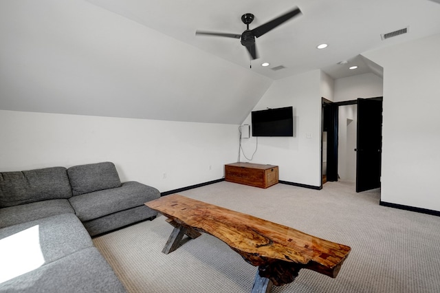 living area featuring recessed lighting, baseboards, visible vents, a ceiling fan, and lofted ceiling