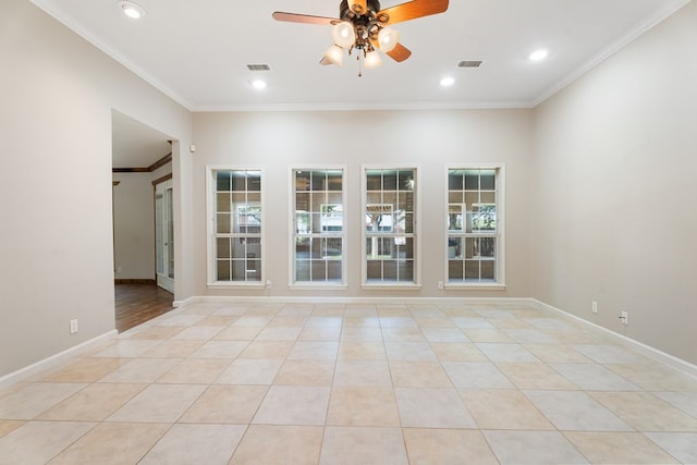 unfurnished room featuring crown molding, light tile patterned floors, and ceiling fan