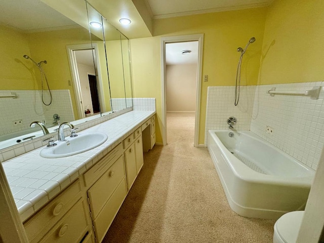 full bathroom featuring crown molding, shower / washtub combination, vanity, and toilet