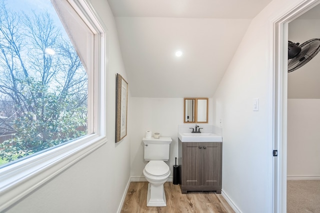 2223 S 2nd Pl, Lamesa, TX 79331 - half bathroom featuring toilet, vanity, wood finished floors, lofted ceiling, and baseboards