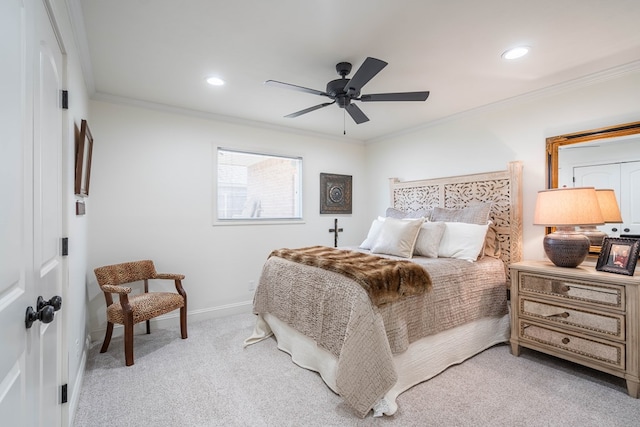 2223 S 2nd Pl, Lamesa, TX 79331 - bedroom featuring light colored carpet, recessed lighting, crown molding, and baseboards