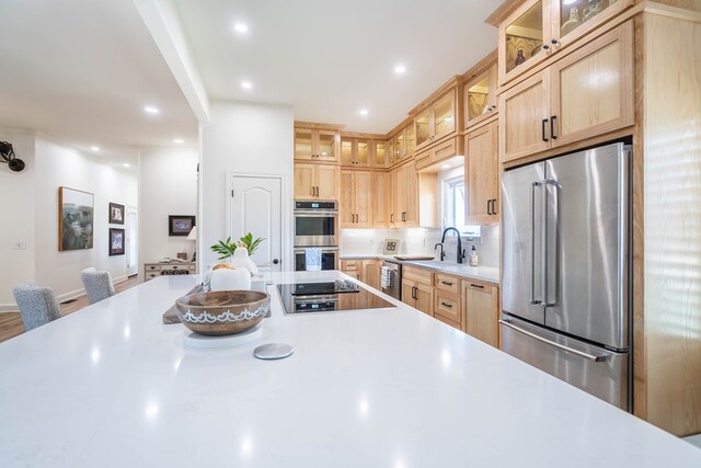 2223 S 2nd Pl, Lamesa, TX 79331 - kitchen with light brown cabinets, light countertops, stainless steel appliances, and backsplash