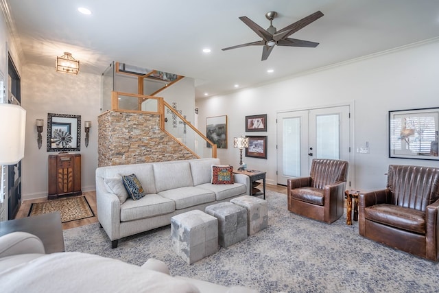 2223 S 2nd Pl, Lamesa, TX 79331 - living area featuring stairs, crown molding, wood finished floors, ceiling fan, and recessed lighting