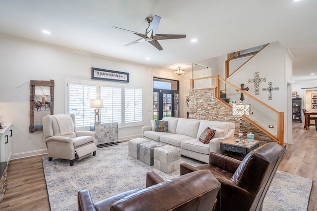 2223 S 2nd Pl, Lamesa, TX 79331 - living area with stairway, recessed lighting, baseboards, a ceiling fan, and wood finished floors