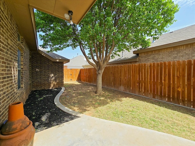 view of yard with a fenced backyard and a patio