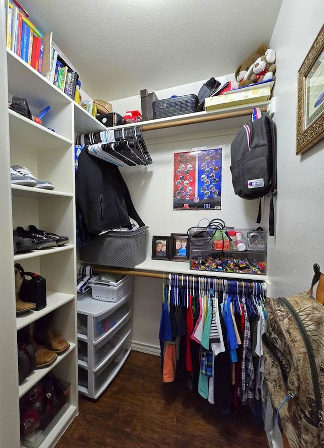 walk in closet with wood finished floors