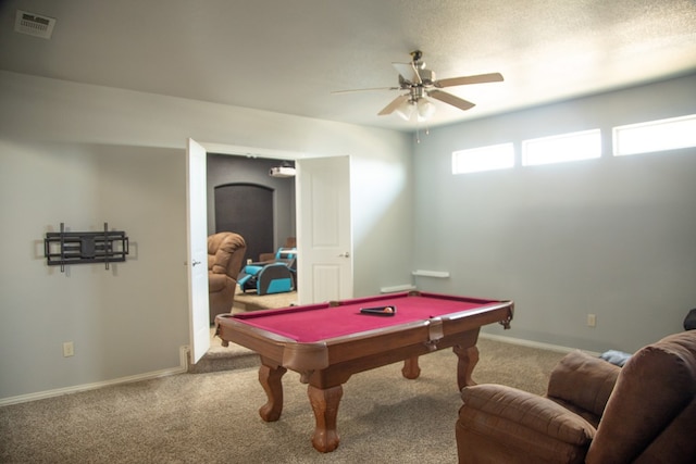 rec room featuring carpet, ceiling fan, and billiards