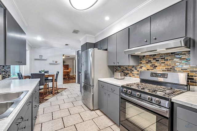 2512 Sinclair Ave, Midland, TX 79705 - kitchen with stainless steel appliances, under cabinet range hood, ornamental molding, tasteful backsplash, and gray cabinetry