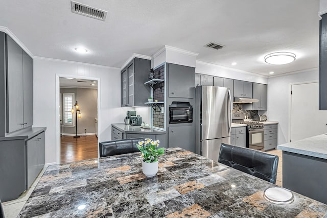 2512 Sinclair Ave, Midland, TX 79705 - kitchen with stainless steel appliances, gray cabinetry, crown molding, under cabinet range hood, and backsplash