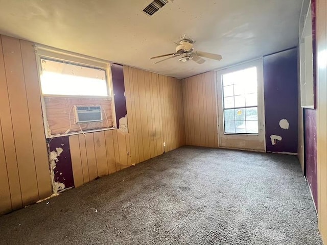 empty room featuring carpet flooring, wood walls, and a wealth of natural light