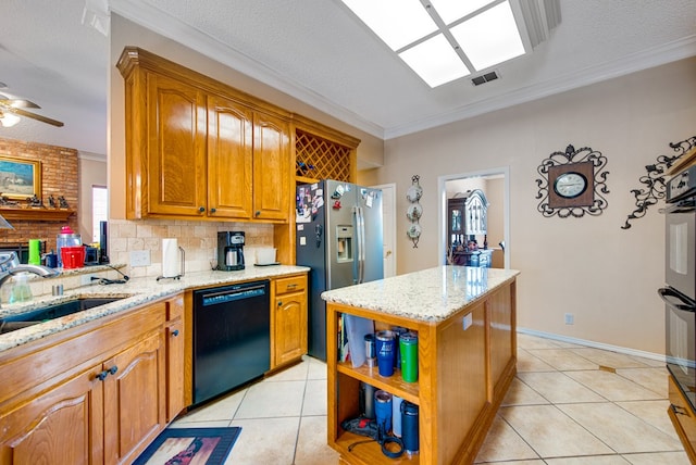5500 Heartland Ct, Midland, TX 79707 - kitchen with dishwasher, light tile patterned flooring, stainless steel refrigerator with ice dispenser, light stone counters, and crown molding