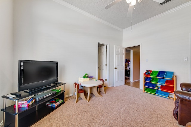 5500 Heartland Ct, Midland, TX 79707 - rec room featuring ornamental molding, carpet flooring, ceiling fan, and a textured ceiling
