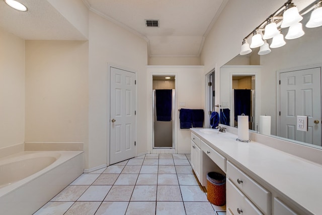 5500 Heartland Ct, Midland, TX 79707 - full bathroom with vanity, a garden tub, tile patterned floors, a closet, and ornamental molding