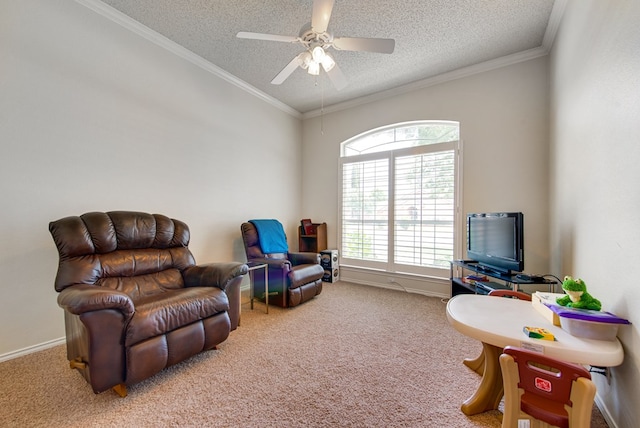 5500 Heartland Ct, Midland, TX 79707 - sitting room featuring a textured ceiling, carpet floors, a ceiling fan, and crown molding