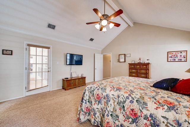 5500 Heartland Ct, Midland, TX 79707 - bedroom featuring beam ceiling, carpet floors, a ceiling fan, crown molding, and high vaulted ceiling