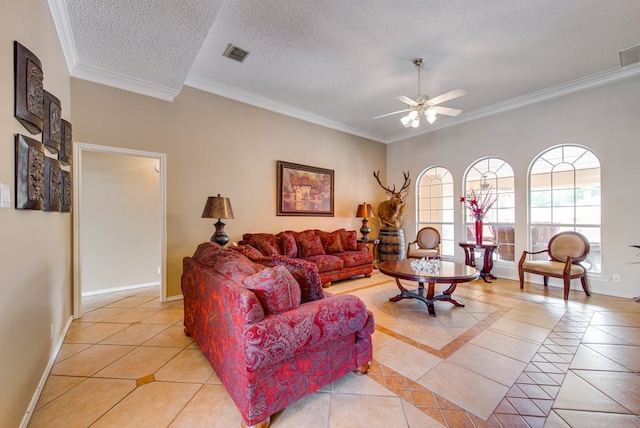 5500 Heartland Ct, Midland, TX 79707 - living room with ceiling fan, light tile patterned floors, ornamental molding, and a textured ceiling