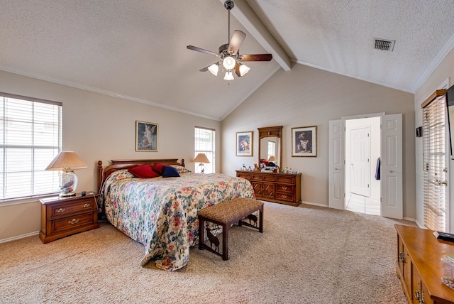 5500 Heartland Ct, Midland, TX 79707 - bedroom featuring a textured ceiling, light carpet, crown molding, and ceiling fan