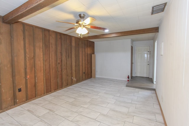 interior space with beam ceiling, wood walls, and ceiling fan