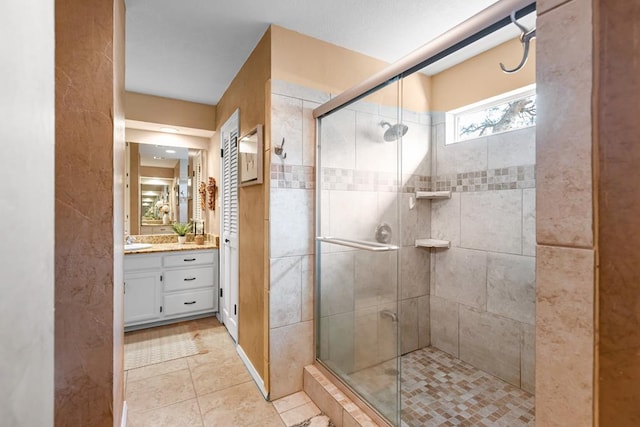 6413 Piedmont Dr, Odessa, TX 79762 - bathroom with vanity, a stall shower, and tile patterned flooring