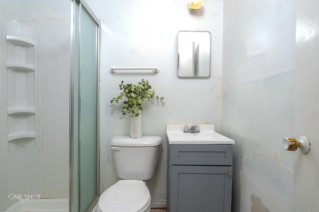 bathroom featuring vanity, toilet, and a shower with door