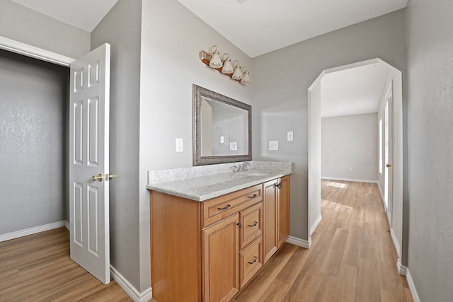 bathroom with vanity and wood-type flooring