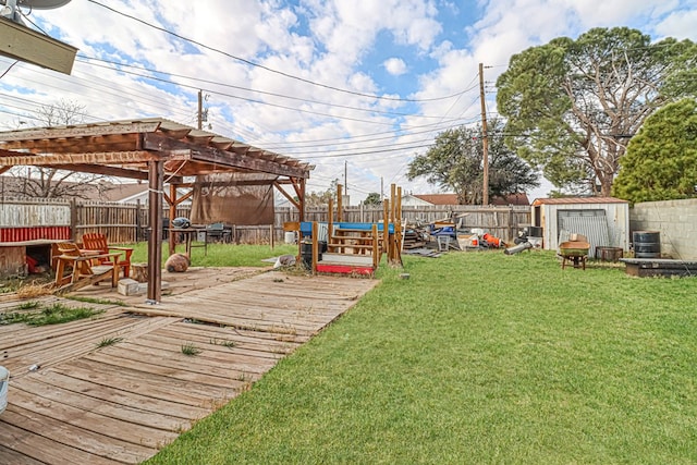 view of yard with a wooden deck, a pergola, a shed, and cooling unit