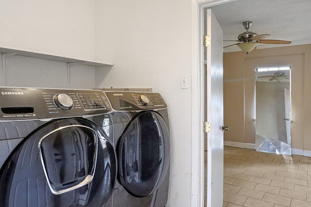 washroom with tile patterned flooring, washer and dryer, a textured ceiling, and ceiling fan