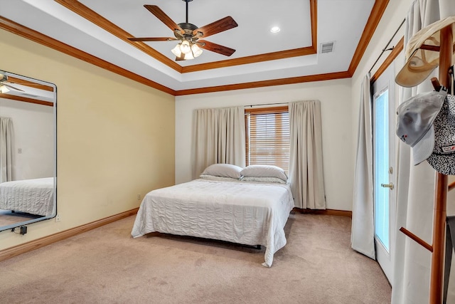 1 Kiowa Cir, Big Spring, TX 79720 - carpeted bedroom with a raised ceiling, multiple windows, ornamental molding, a ceiling fan, and recessed lighting