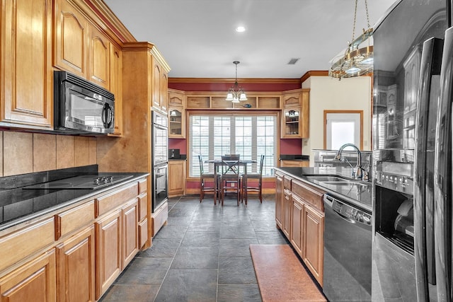 1 Kiowa Cir, Big Spring, TX 79720 - kitchen featuring black appliances, glass insert cabinets, hanging light fixtures, ornamental molding, and tasteful backsplash