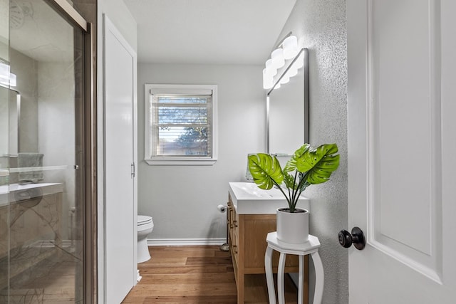 bathroom with wood-type flooring, vanity, toilet, and a shower with shower door