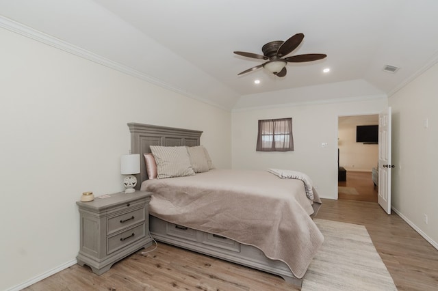 2429 S County Rd 1120, Midland, TX 79706 - bedroom featuring ornamental molding, light wood finished floors, recessed lighting, a ceiling fan, and lofted ceiling