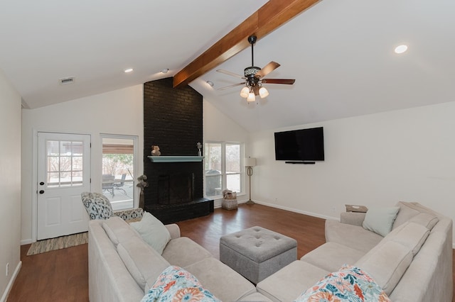 2429 S County Rd 1120, Midland, TX 79706 - living room featuring ceiling fan, wood finished floors, a fireplace, and recessed lighting
