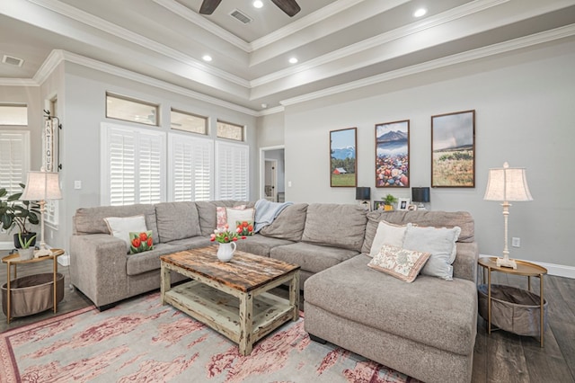 2900 S County Rd 1092, Midland, TX 79706 - living room with crown molding, ceiling fan, visible vents, wood finished floors, and baseboards